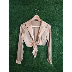 WFFS Champagne Satin Tie Front Crop Top Long Sleeve Blouse Size S/M Elegant